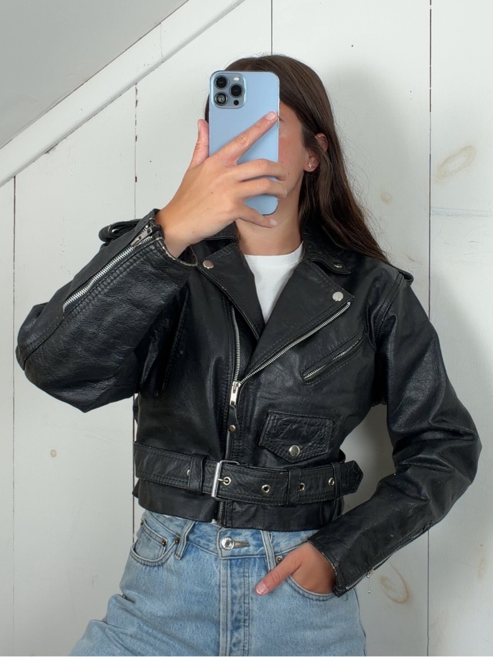 Vintage Black Leather Cropped Belted Moto Biker Jacket Women’s Medium 90s Grunge